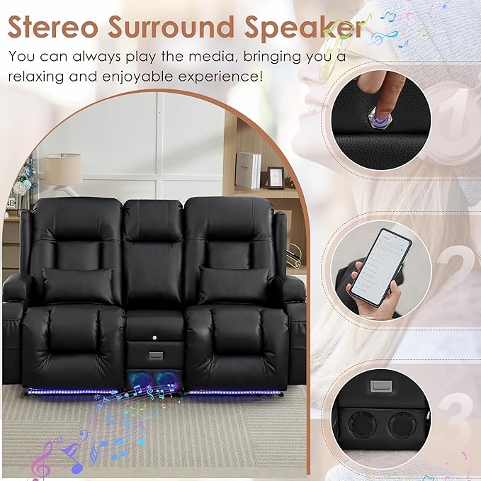 TUNYI Wall Hugger Loveseat Recliner Sofa with Console, Power Reclining Loveseat RV Couch with Massage & Heat/USB/Outlet/Storage/LED Light/Speaker (Black)