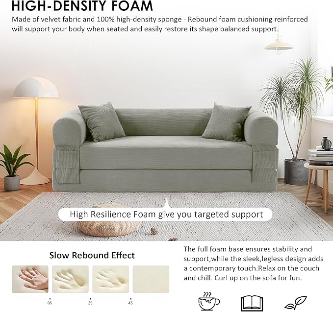 80" Convertible Sofa Bed, Corduroy Deep Seat Folding Pull Out Couch with Pillows, No Assembly Modern Boneless Couch Compression Sofa in Box, Floor Sofa with Storage Pocket for Living Room,Light Grey