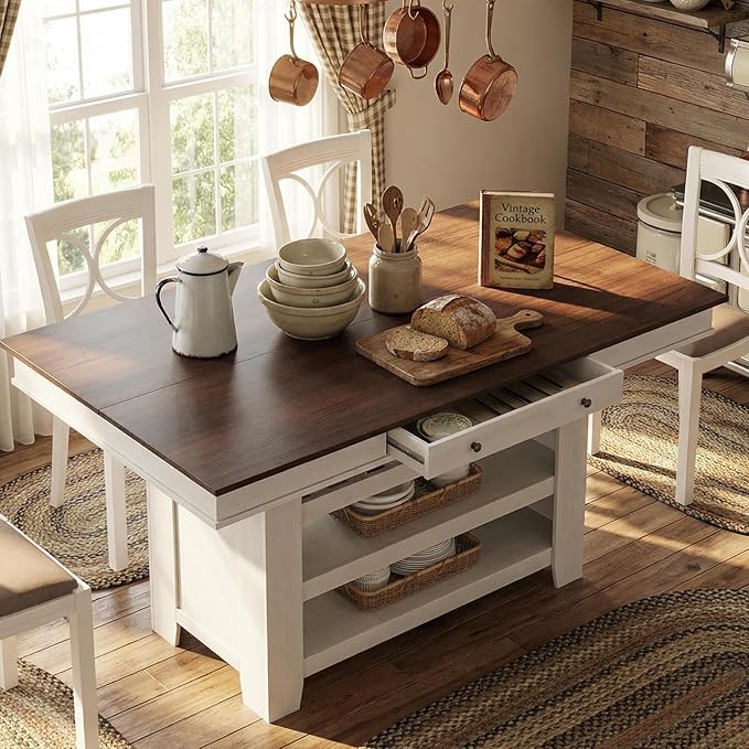 Garvee Counter Height Dining Table with 2 Drawers, 36" Farmhouse Wooden Large Bar Kitchen Table with Wine Rack & 3 Shelves, Rectangular, Thick Frame for Kitchen, Bar & Entertaining, Retro White Brow