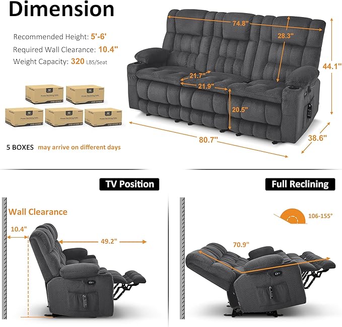 MCombo 80.7" W 3 Seater Power Reclining Sofa with Heat and Vibration Massage, Zero Gravity Recliner Sofa Couch with Drop Down Table for Living Room, Fabric 6316M10