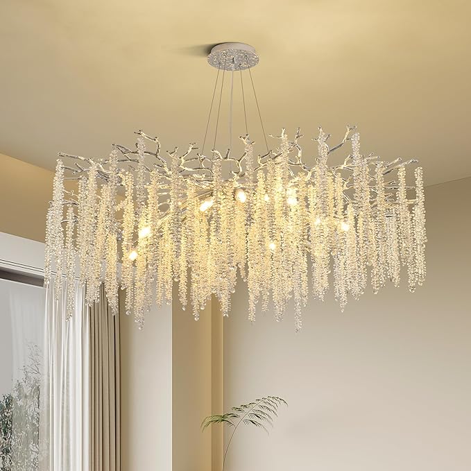 Modern Tree Branch Chandeliers Chrome D39.4'', Crystal Raindrop Chandelier for Living Room, Round Art Deco Lighting Fixture for for Dining Room Foyer Bedroom 15 Lights