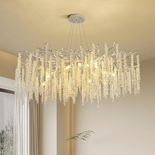Modern Tree Branch Chandeliers Chrome D39.4'', Crystal Raindrop Chandelier for Living Room, Round Art Deco Lighting Fixture for for Dining Room Foyer Bedroom 15 Lights