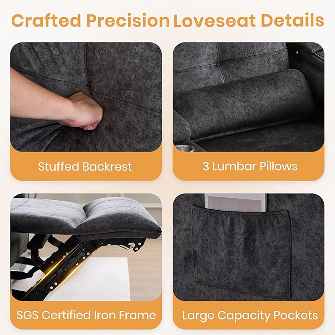 RV Loveseat Recliner Sofa, Power Reclining Loveseat with 4 LED Lights, USB Ports, Power Wall Hugger Recliner Loveseat with Arm Storage, 2 Cushions for Living Room, Bedroom, Home(Grey, 2 Seat)