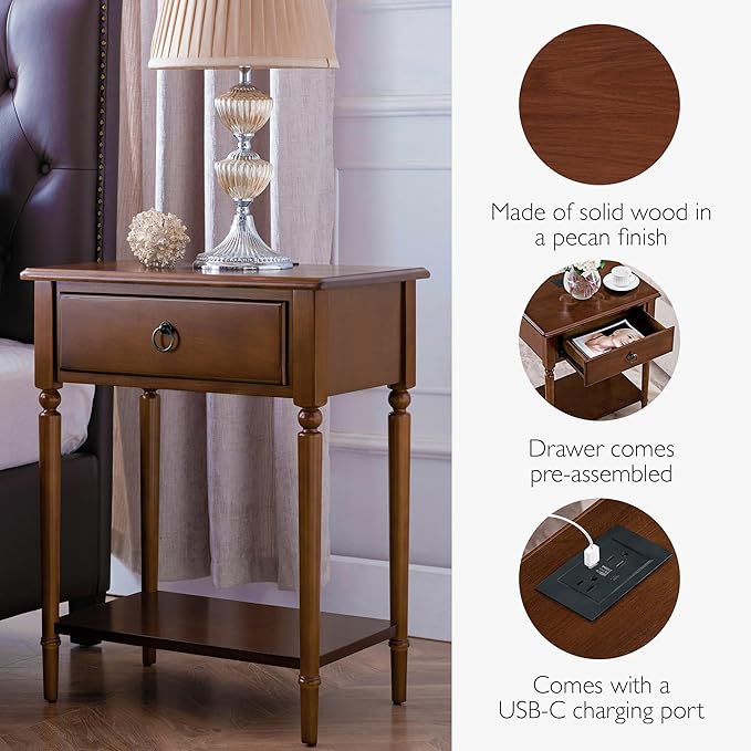 Leick Home Coastal Nightstand, Solid Wood, with USB-C Charging, 1 Drawer and 1 Shelf, Pecan Brown, 20022-PC
