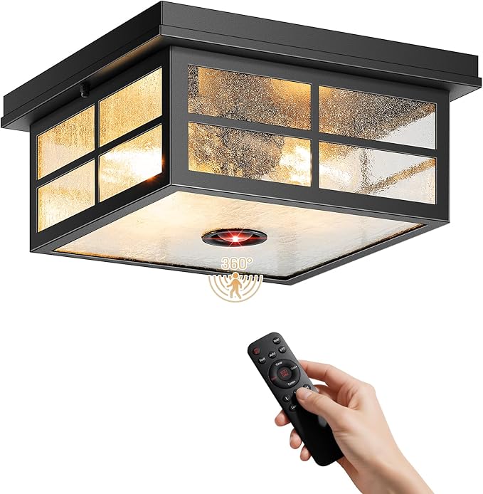 VIANIS Motion Sensor Outdoor Ceiling Light with Remote Control, 2-Light Black Modern Outdoor Flush Mount Light for Garage, Porch, Entryway, Square, Upgraded 5 Lighting Modes Adjustable Distance Time