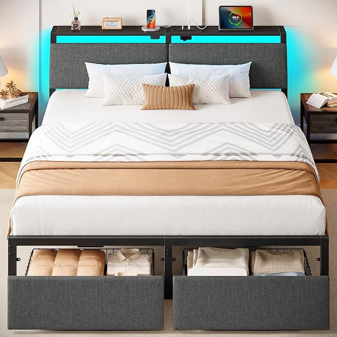 Rolanstar Queen Bed Frame with Ergonomic Headboard Storage & Charging Station, Upholstered Platform Bed with LED Light & Drawer, Heavy Duty Metal Slats, Noise Free, No Box Spring Needed, Grey