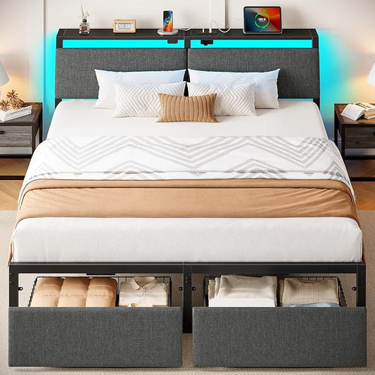 Rolanstar Full Size Bed Frame with Ergonomic Headboard Storage & Charging Station, Upholstered Platform Bed with LED Light & Drawer, Heavy Duty Metal Slats, Noise Free, No Box Spring Needed, Grey