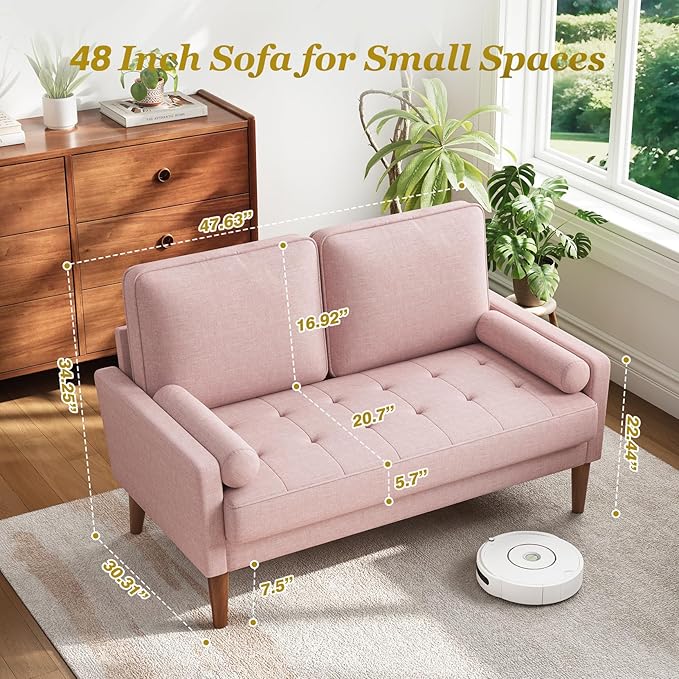 Vesgantti Loveseat Sofa with Solid Wood Legs, 48" Small Couches for Small Spaces, Love Seat for Living Room, Bedroom, Easy Assembly Mid Century Modern Couch with Throw Pillow for Apartment, Pink