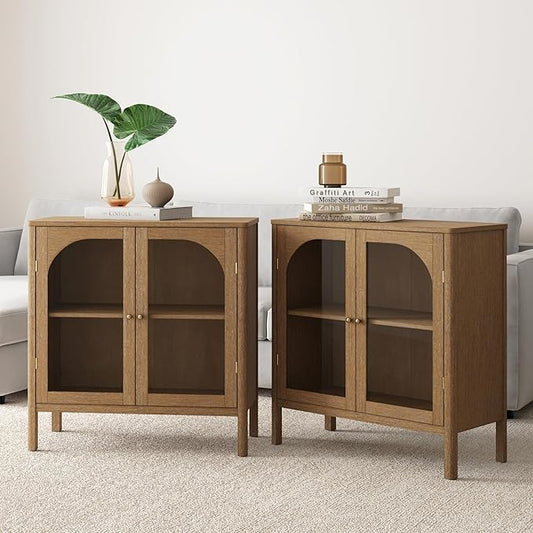 Nathan James Mason TV Stand, Free Standing Accent Sideboard Buffet, Credenza with Glass Doors and Adjustable Shelf in Brushed Light Brown Wood for Dining Room, Entryway and Living Room, Set of 2