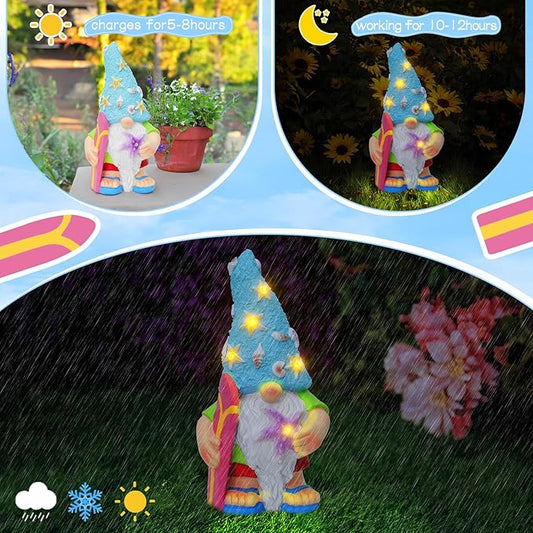 Womens Gifts Solar Garden Outdoor Statues Gnome with Surfboard and 5 LED Lights - Unique Housewarming Gifts Lawn Decor Statue for Patio, Balcony, Yard Ornament- Chrismtas Gifts for Mom Grandma
