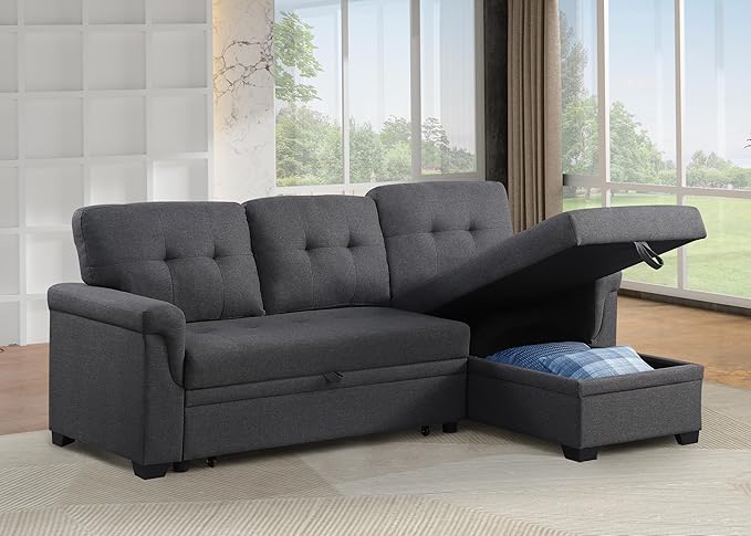 ERYE 83-inch Pull Out Sleeper Couch Bed, L-Shaped Reversible Sleeper Sectional Sofa Linen Blend Tufted Upholstered Corner Convertible Sofa Bed with Storage Chaise