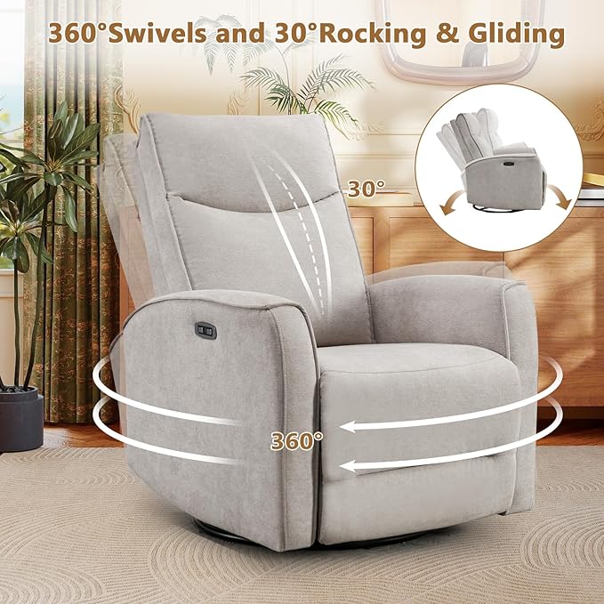 ANJ Power Swivel Recliner Chair,Electric Glider Rocker Recliner with USB Port, Nursery Recliner Sofa Soft Fabric Rocking Chairs for Living Room, Bedroom,Light Grey