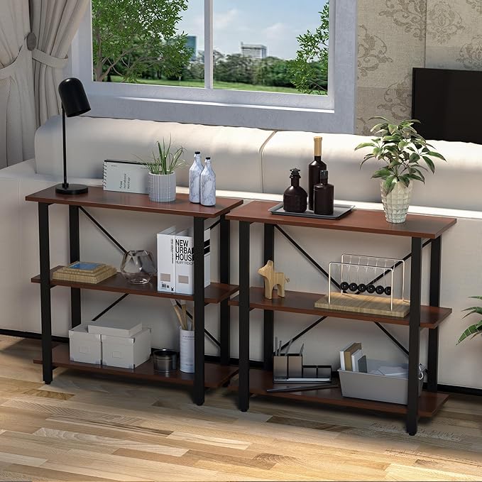 CONSDAN 3-Tier Bookshelf, USA Grown Solid Poplar Hardwood Sofa Table, Display Shelf, Industrial Bookshelf, Narrow Console Table for Entryway, Living Room, Hallway