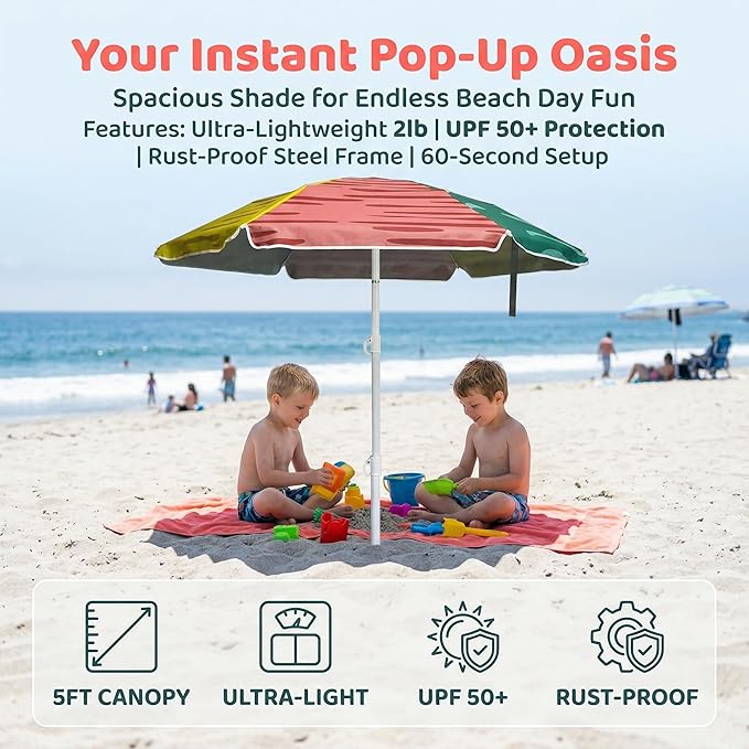 LOTTAFUN Water Table Kid Umbrella 5ft Beach Umbrella - Heavy Duty Wind Resistant UV 50+ Portable Sun Shade with Sand Anchor & Carry Bag, Outdoor Folding Umbrella for Beach,Pool,Patio,Garden (3 Color Block)