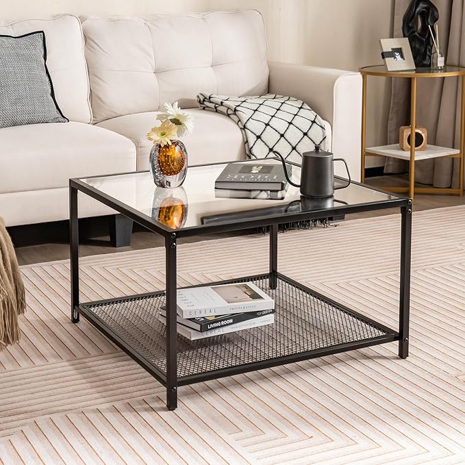 Giantex 27.5" Square Coffee Table - Tempered Glass Center Table w/Bottom Storage Shelf & Metal Frame, Modern Accent Table for Small Space, Living Room, Home, Office (2-Tier, Transparent)