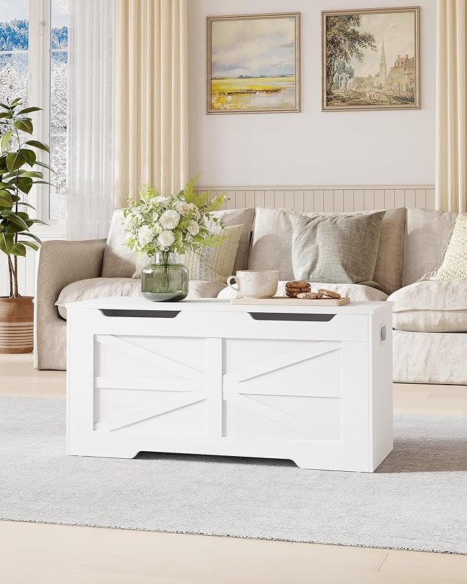 39.4" Storage Chest, Extra Large Storage Trunk with 2 Hinges, Wooden Box Bench, Lift-Top Organizer Chest, Shoe Bench for Entryway, Bedroom, Living Room, White SB03403X