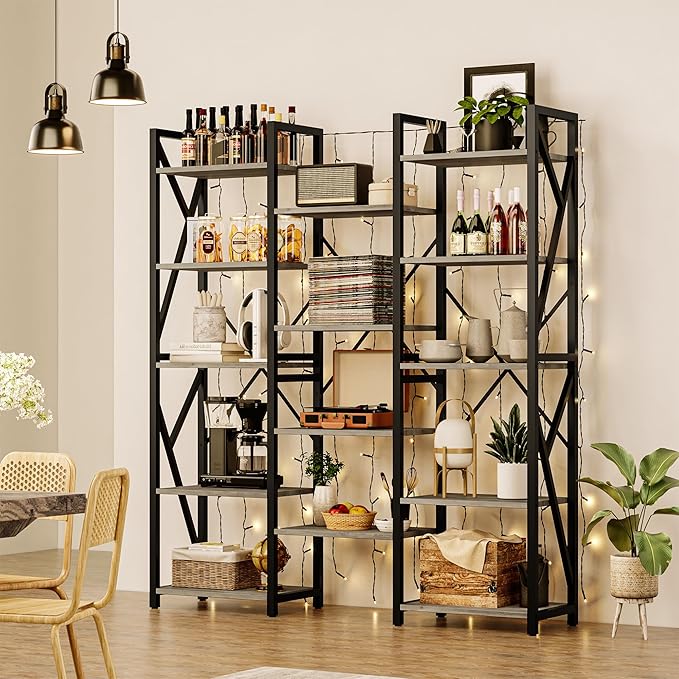 IDEALHOUSE Triple Wide 5 Tier Book Shelf, Tall Bookshelf with Open Display Shelves, Industrial Large Bookshelves and Bookcases with Metal Frame for Living Room, Bedroom, Home Office-Grey