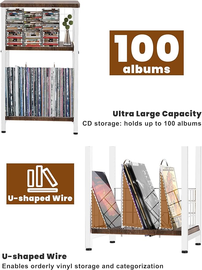 Record Player Stand, 3 Tier End Table with Double Layer Iron Wire Mesh Turntable Vinyl Record Stand Storage Up to 100 Albums, Nightstand Small Side Tables for Living Room Bedroom, White