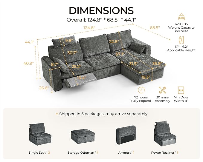 124.8'' Oversized Power Recliner Sofa with Headrest, Extra Wide Modular Cloud Sectional Reclining Couch, Convertible 4-Seater with Storage Ottoman for Home Theater Living Room, Chenille, Grey