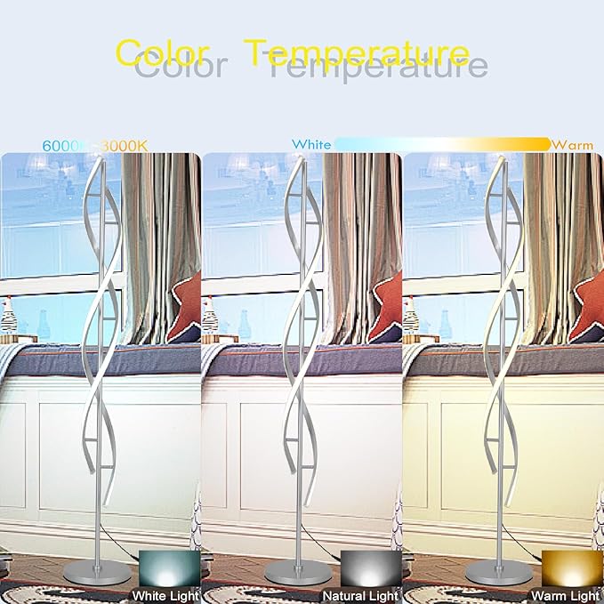 Tall Modern Floor Light Lamp for Living Room,Dimmable Spiral Corner Bedside Lamp with Rmoete for Bedroom,LED 3 Color Floor Lamp with Foot Switch for Dining Room(Silver)