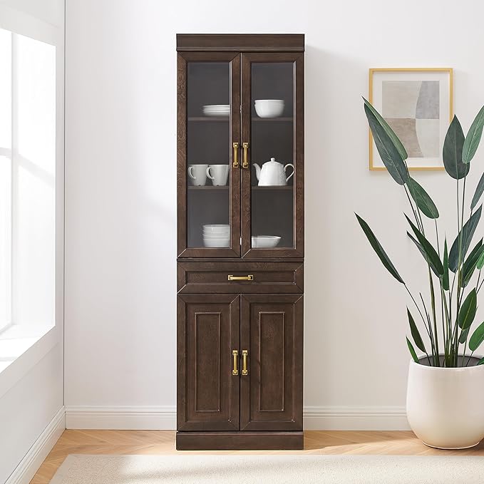 Crosley Furniture Stanton Glass Door Pantry Storage Cabinet with Shelves, Kitchen, Dining, or Laundry Room, Coffee