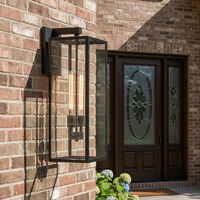 25in Extra Large Outdoor Wall Light 2-Light Black Wall Lantern for Porch,25” Exterior Sconce Metal and Glass Large Size Porch Light Black Outdoor Lanterns for Garage Balcony Patio Outside Lighting