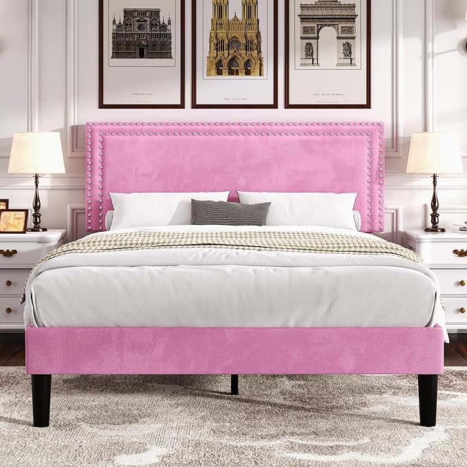 VECELO Queen Size Bed Frame with Adjustable Upholstered Headboard, Wooden Slats Platform, Noise-Free Design, Easy Assembly
