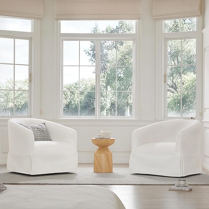 Swivel Accent Chair Set of 2, 360 Degree Performance Fabric Armchair Modern Barrel Chairs Armchair for Living Room Bedroom Home and Office,Cream White