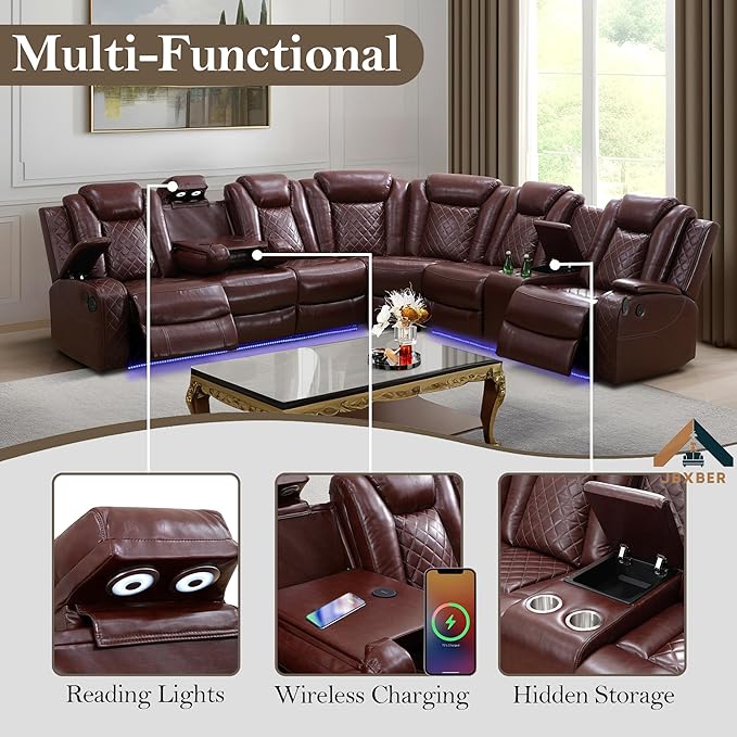 Power Recliner Sectional Sofa Set for Living Room, Leather Recliner Sofa Sets, L-Shaped Corner Sectional Couch Sets with LED Lights, Console Storage(Sectional and Chair,Red)