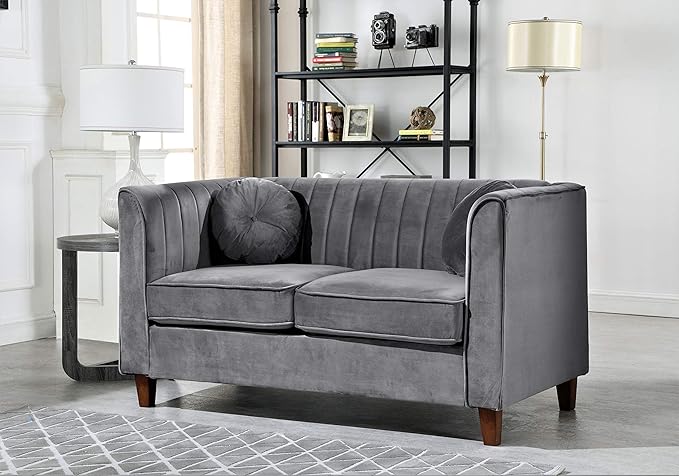 Container Furniture Direct Arvilla Velvet Loveseat with Bolster Pillows, Soft Upholstery, Mid Century Modern Design, Chesterfield-Inspired Sofa Couch for Living Rooms, Fossil Grey