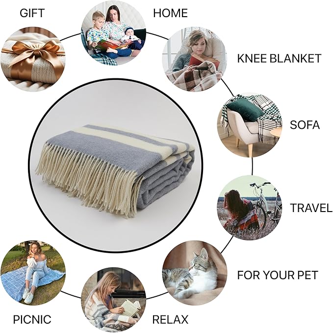 | Wool Blanket/Throw | 100% New Zealand Wool | Perfect for Home and Outdoors | Virgin Wool Blanket with Fringes 55"x79" (140 x 200 cm)