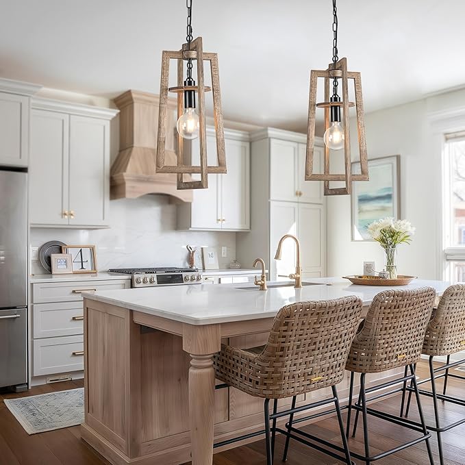 12.3'' Dining Room Light Fixtures Wood Pendant Light Adjustable Farmhouse Chandelier Semi Flush Mount Ceiling Light for Kitchen Island Dining Room Entryway Living Room Entrance Hall