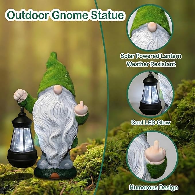 Flocked Garden Outdoor Gnome Statues Decor with Solar Lights, Large Funny Gnome Garden Figurines for Outside Patio Yard Lawn House Farmhouse Sculptures Decorations Gifts, White