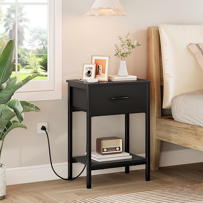 Vagusicc Black Nightstand with Charging Station, End Table with Fabric Drawer, Small Side Table with 2-Tier Storage Shelves, 25.4" Tall Bedside Table, Black Night Stand for Bedroom, Living Room, Dorm