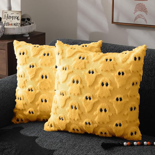 DFXSZ Halloween Pillow Covers 20x20 inch Set of 2 Yellow Ghost Throw Pillow Cases Soft Plush Faux Fur Wool Couch Cushion Case for Chair Sofa Bedroom Living Room Home Decor PTK03H20