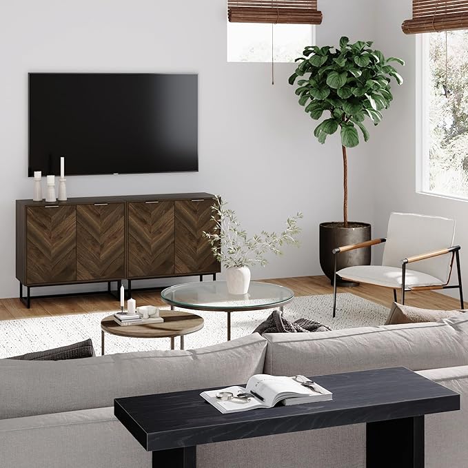 Nathan James Enloe Modern Sideboard Buffet Storage Accent Cabinet TV Stand with Doors in Rustic Walnut Finish and Black Matte Metal Base for Hallway, Kitchen or Living Room, Walnut/Black, Set of 2