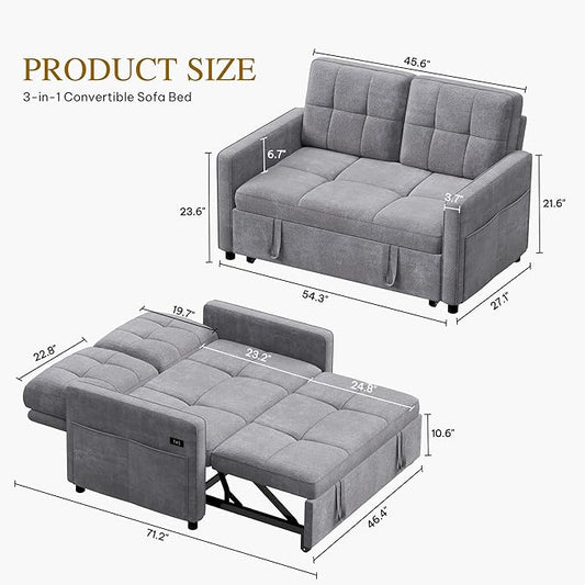 YITAHOME 55" Convertible Sofa Bed, 3-in-1 Sleeper Sofa with Pull-Out Bed, Cat-Scratch-Proof Futon Couch with 5-Levels Reclining Backrest, USB and Side Pocket, Modern Loveseat for Living Room, Grey