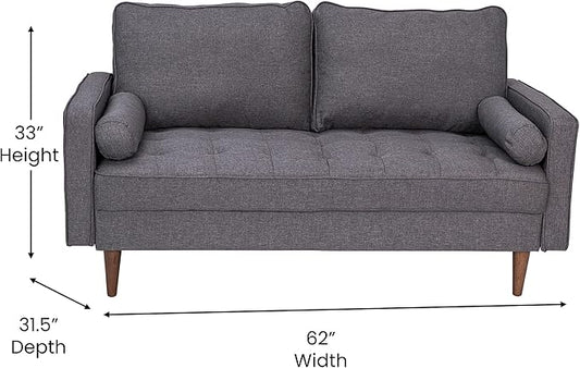 Taylor & Logan Hendrix Tufted Faux Linen Upholstered Mid-Century Modern Loveseat with Solid Wood Legs in Dark Gray