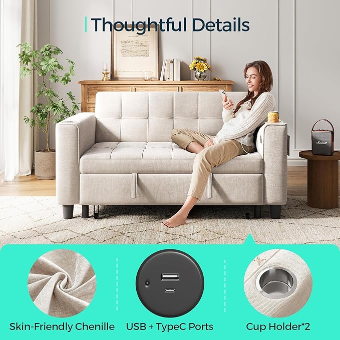 LINSY Sleeper Sofa Bed, 54" Pull Out Couch with Charging Station & Cup Holder, Small 3 in 1 Convertible Loveseat Sleeper Couch for Apartment, Dorm Room, Bedroom and Small Space, Chenille Beige