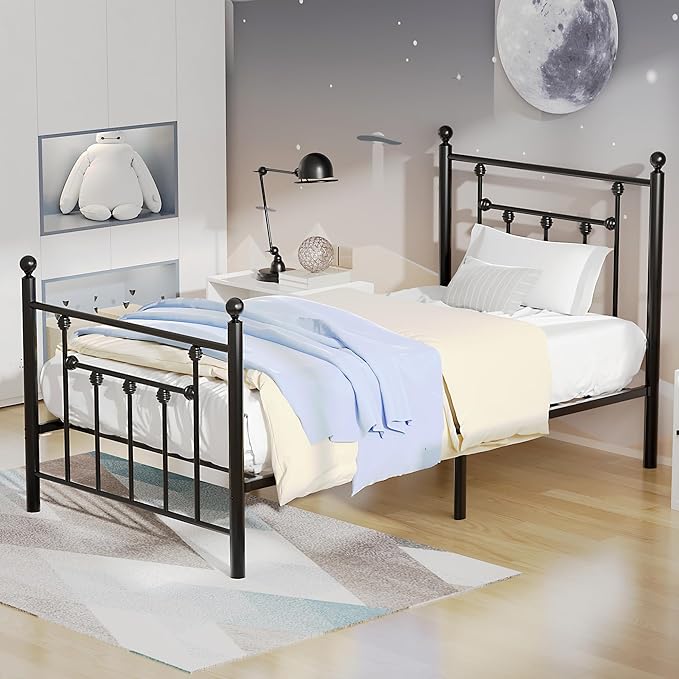 VECELO Twin Size Metal Platform Bed Frame with Headboard and Footboard, Heavy Duty Slat Support/No Box Spring Needed Mattress Foundation/Underbed Storage Space, Victorian Style