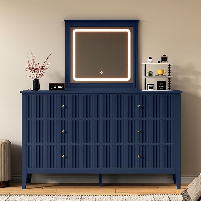 RoyalCraft 6 Drawer Dresser with Lighted Mirror, Blue Fluted Modern Wood Chest of Drawers, Long Dresser for Bedroom Storage