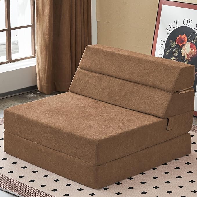 jela Foldable Sofa Bed Large Soft Foam Convertible Sleeper Chair Luxury Miss Fabric Fold Out Chair Bed Floor Couch with Back Support Floor Sofa for Living Room Bedroom (83"x33",Coffee Brown) | breathable material