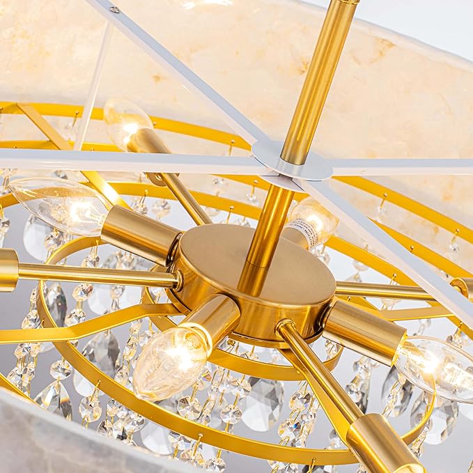 8-Light Drum Capiz Shell Crystal Chandeliers, Coastal Style Pendant Light Fixture for Dining Room, Living Room, D24 x H23~71 inch(Adjustable), Shell Lampshade & Gold Finish