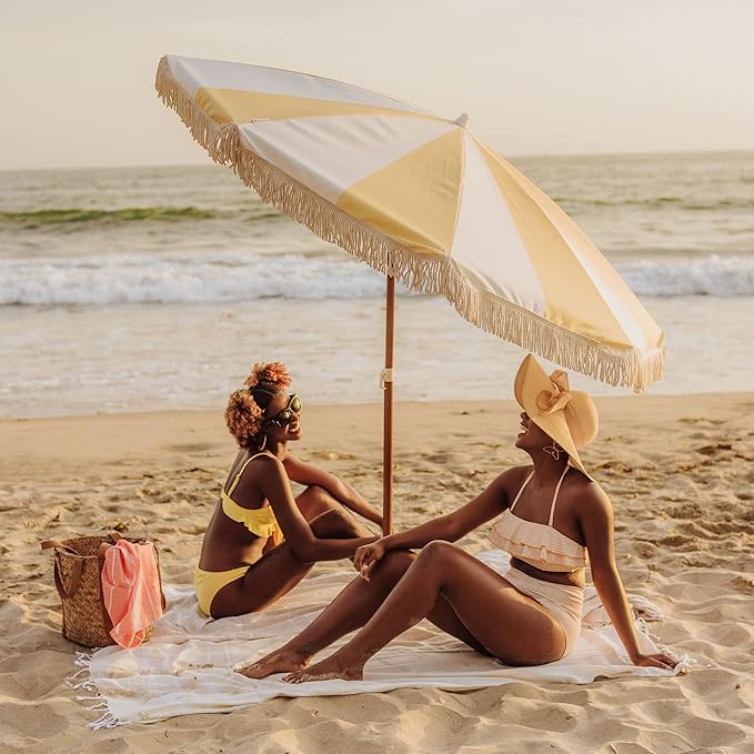 BEACH STATE Summerland 6.5 Feet Beach Umbrella with Fringe - Patio Umbrella - Outdoor Umbrella - UV50+ Sun Protection