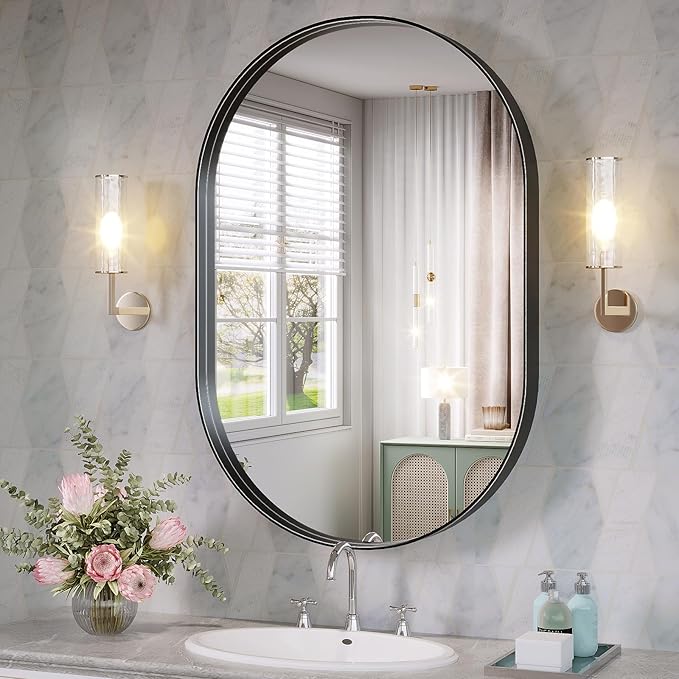 Black Oval Mirror for Bathroom, 24 x 36 Inch Oval Bathroom Vanity Mirror for Wall, Wall Mounted Metal Frame Mirror for Bedroom Living Room Entryway, Wall Decor, Hangs Horizontal or Vertical