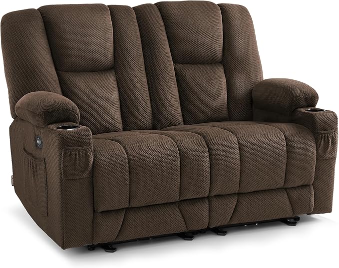 MCombo 57.8" Zero Gravity Power Loveseat Sofa with Heat and Massage, Reclining Loveseat Recliner for Living Room, Fabric 6035SET (Brown)