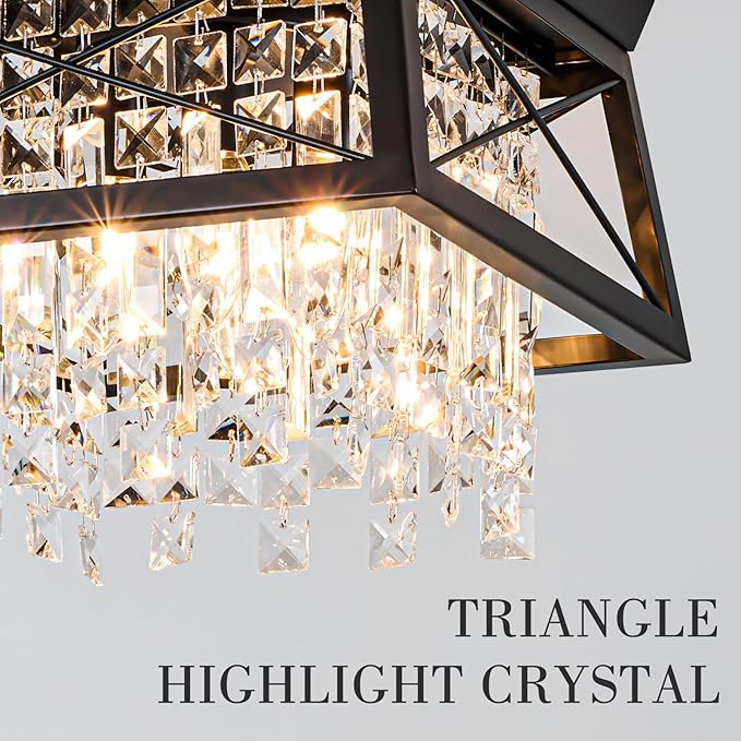 Crystal Flush Mount Ceiling Light, 11.8 inch 4-Light Black Farmhouse Lighting Metal Ceiling Light, Modern Trapezoid Hallway Light Fixtures Ceiling Mount for Bedroom Kitchen Laundry Entryway Foyer