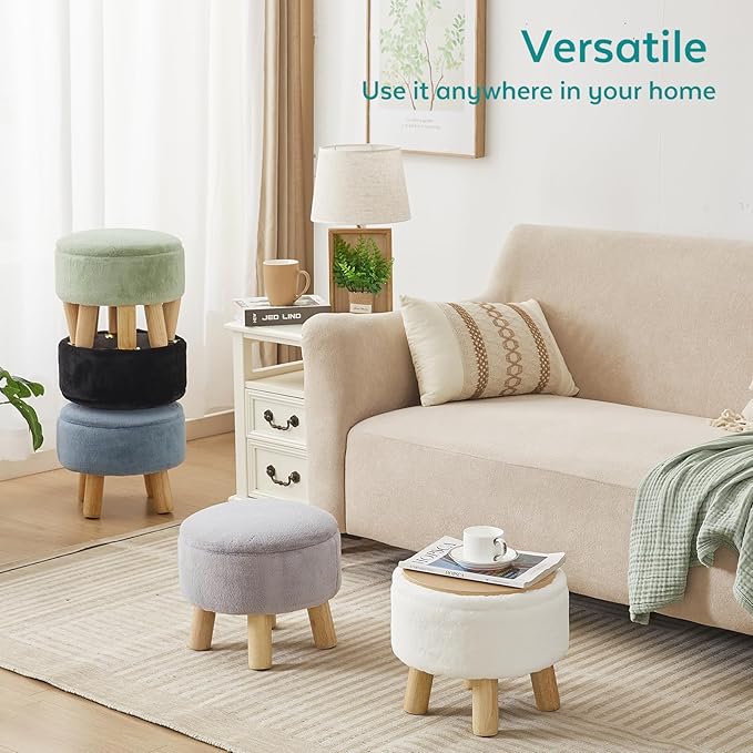 Small Foot Stool Ottoman with Storage, Soft Faux Fur Ottoman Foot Rest for Couch, Round Footstool with Storage, Small Ottomans and Footstools for Living Room and Entryway (Light Blue)