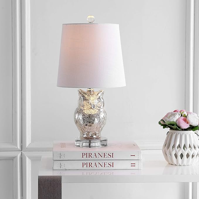 JONATHAN Y 19" Silver/Ivory Owl Glass Table Lamp with Crystal Base, Contemporary Woodland Bedside Lamp for Living Room, White Linen Drum Shade, LED Bulb Included JYL4010A