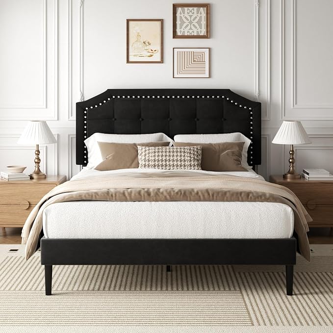 Queen Size Bed Frame, Queen Size Platform Bed Frame with Upholstered Button Tufted Headboard, Strong Wood Slats, No Box Spring Needed, Mattress Foundation, Easy Assembly Black